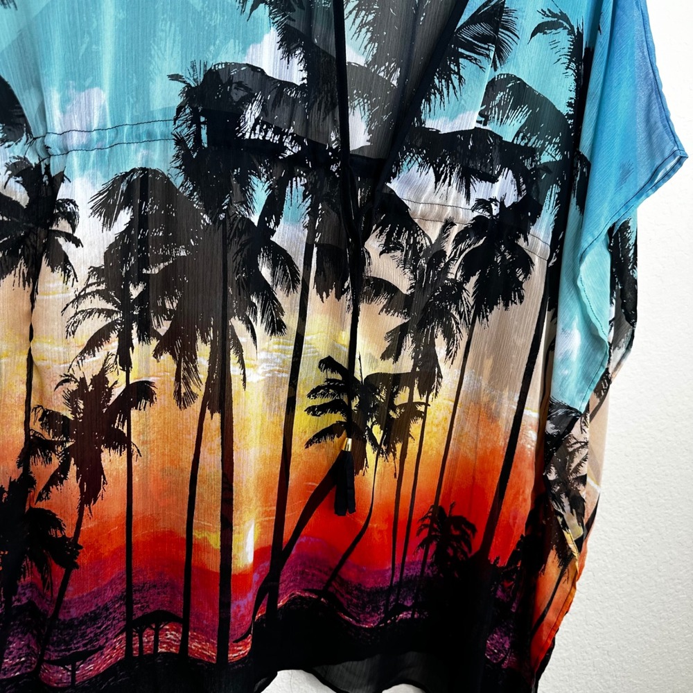 Bleu Rod Beattie Tropical Sunset Palm Tree Sheer Swim Cover Up Kaftan Medium - Picture 3 of 5